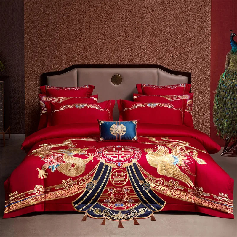 4/6/9Pcs Red Luxury Chinese Wedding Style Dragon Phoenix Embroidery Bedding Set