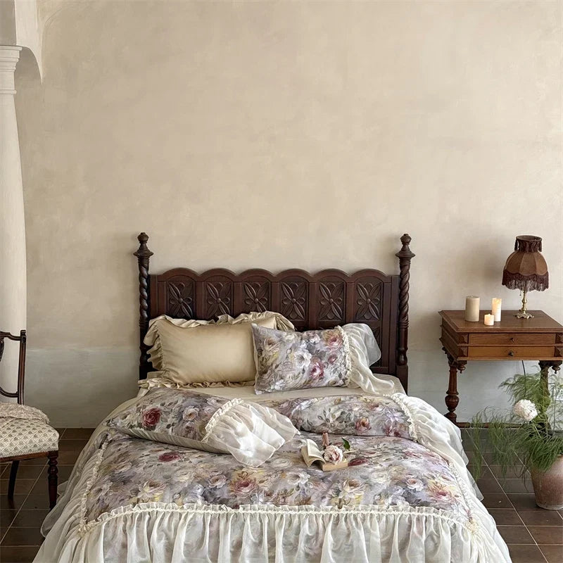 1000TC Egyptian Cotton Vintage Rose Flowers Prints Organza Ruffles Bedding Set