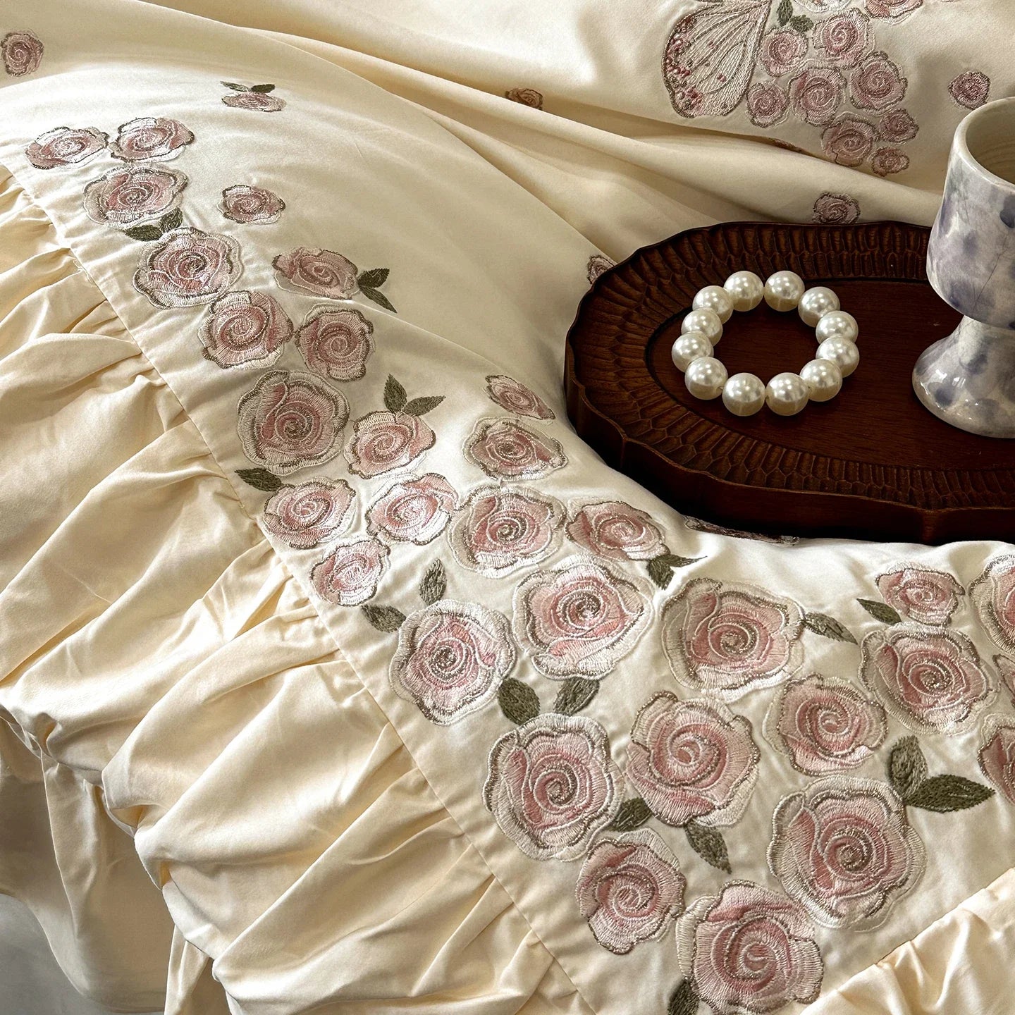 Luxury Rose Butterfly Embroidery Ruffles Princess Bedding Set