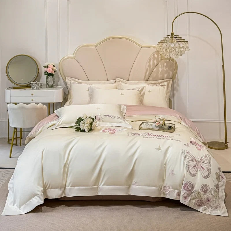 100% Cotton Butterfly Flowers Embroidery Luxury Bedding Set