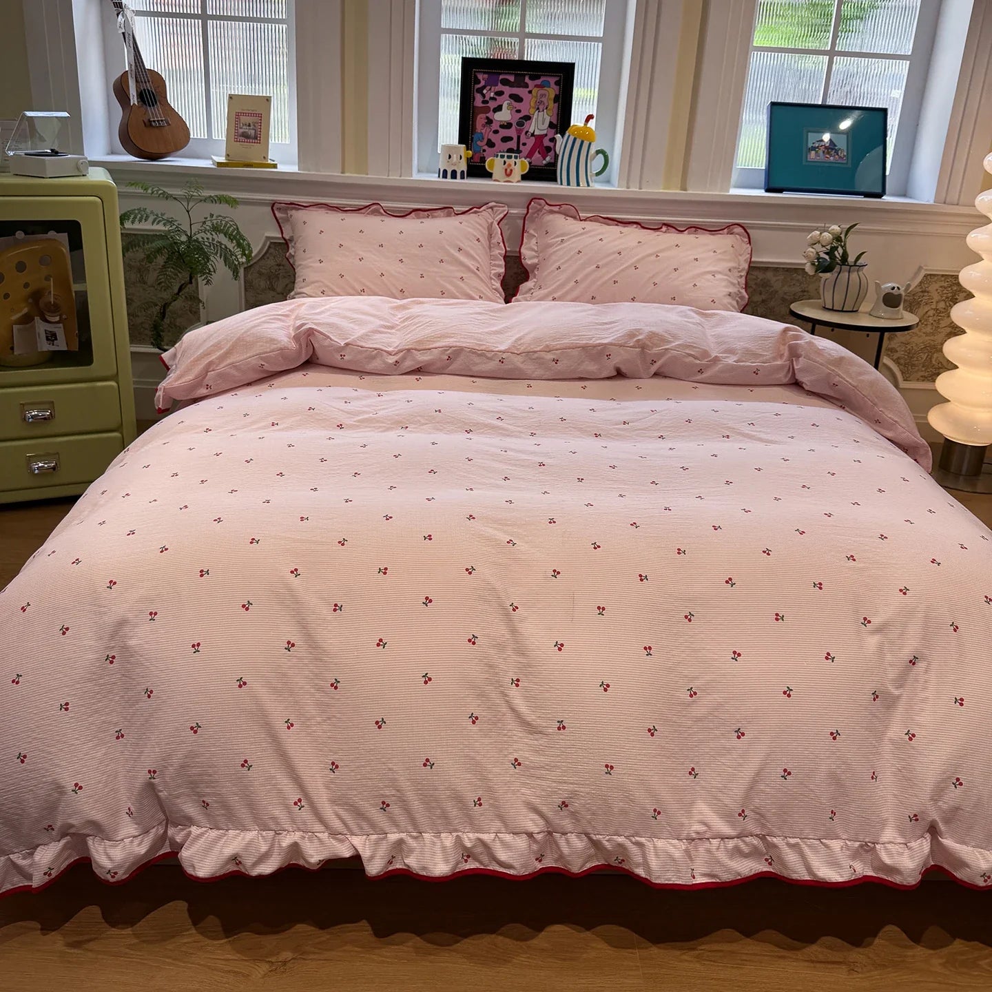 Sweet Pink Crinkled Gauze Bedding Set