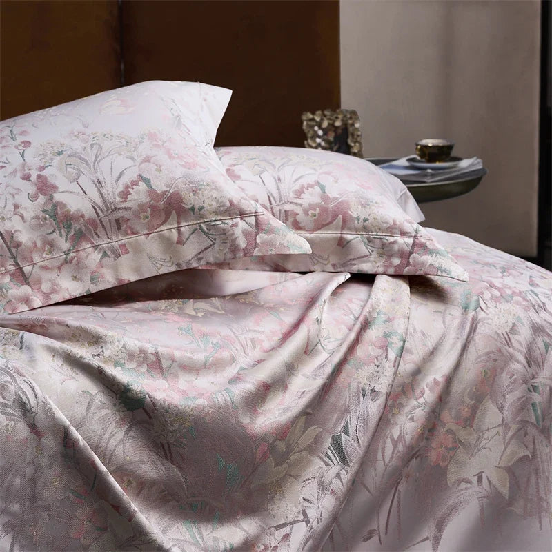 Luxury Botanical Jacquard 1000TC Egyptian Cotton Bedding Set, Soft Silky Satin Duvet Cover Set Flat/Fitted Sheet Pillowcase 4Pcs