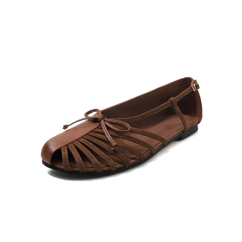 leather cowhide color blocked elastic buckle bow low Heel