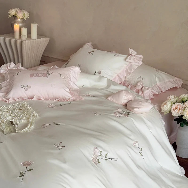 4Pcs Rose Embroidery Bow Ruffles Princess Wedding Bedding Set
