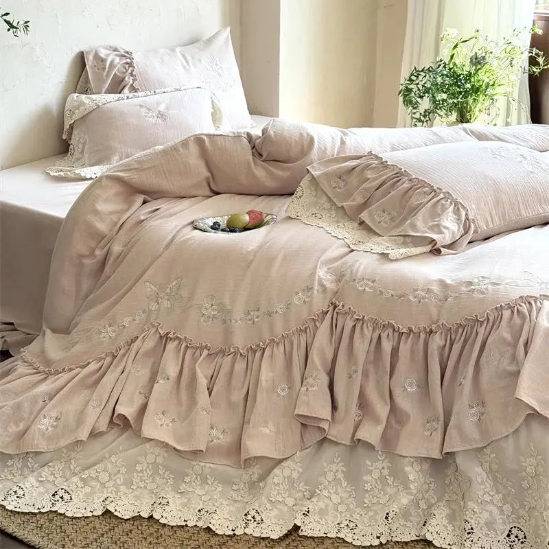 French Large Lace Ruffles Floral Butterfly Embroidery Linen Cotton Bedding Set