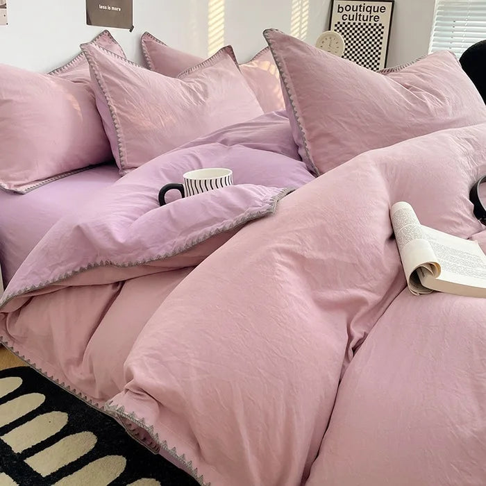 3 Pcs Simple Solid Color Quilt Cover Set with Pillowcases Stitching Design King Queen Size Bedding Set