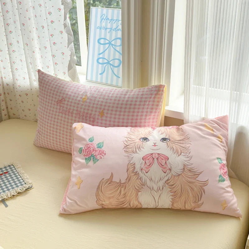 Cute Pink Cartoon Cat Bow Towel Embroidery Girls Kids Bedding Set
