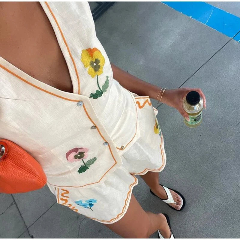 Pure Jealousy Floral Embroidered Shorts Set