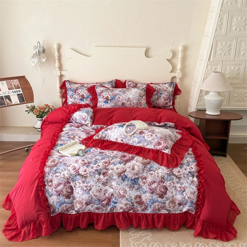 3/4Pcs French Princess Style Pink Luxury Duvet Cover Set Double Bedding Bedroom With Elastic Band Bed Linen Ruffle Pillowcase