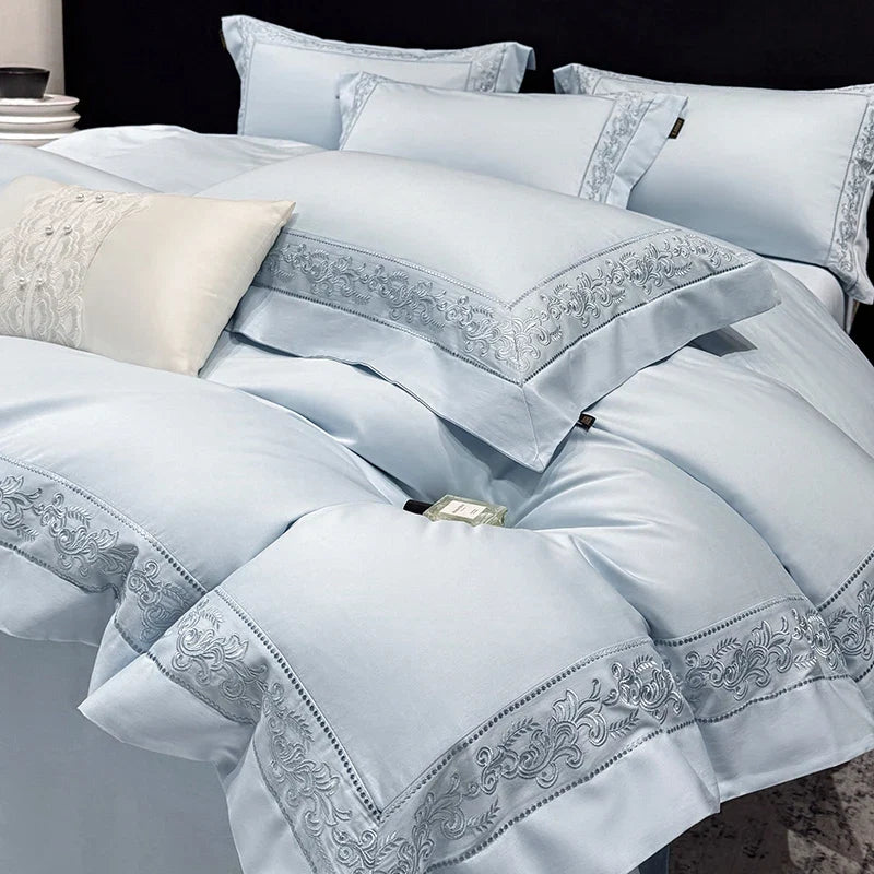 600TC Egyptian Cotton Bedding Set, Luxury Embroidery Duvet Cover with Pillowcases, Flat/Fitted Bed Sheet for Home Hotel, 4Pcs