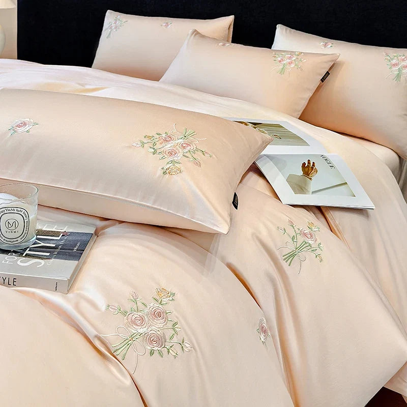 Chic Flowers Embroidery 100% Cotton Luxury Simple Solid Color Bedding Set