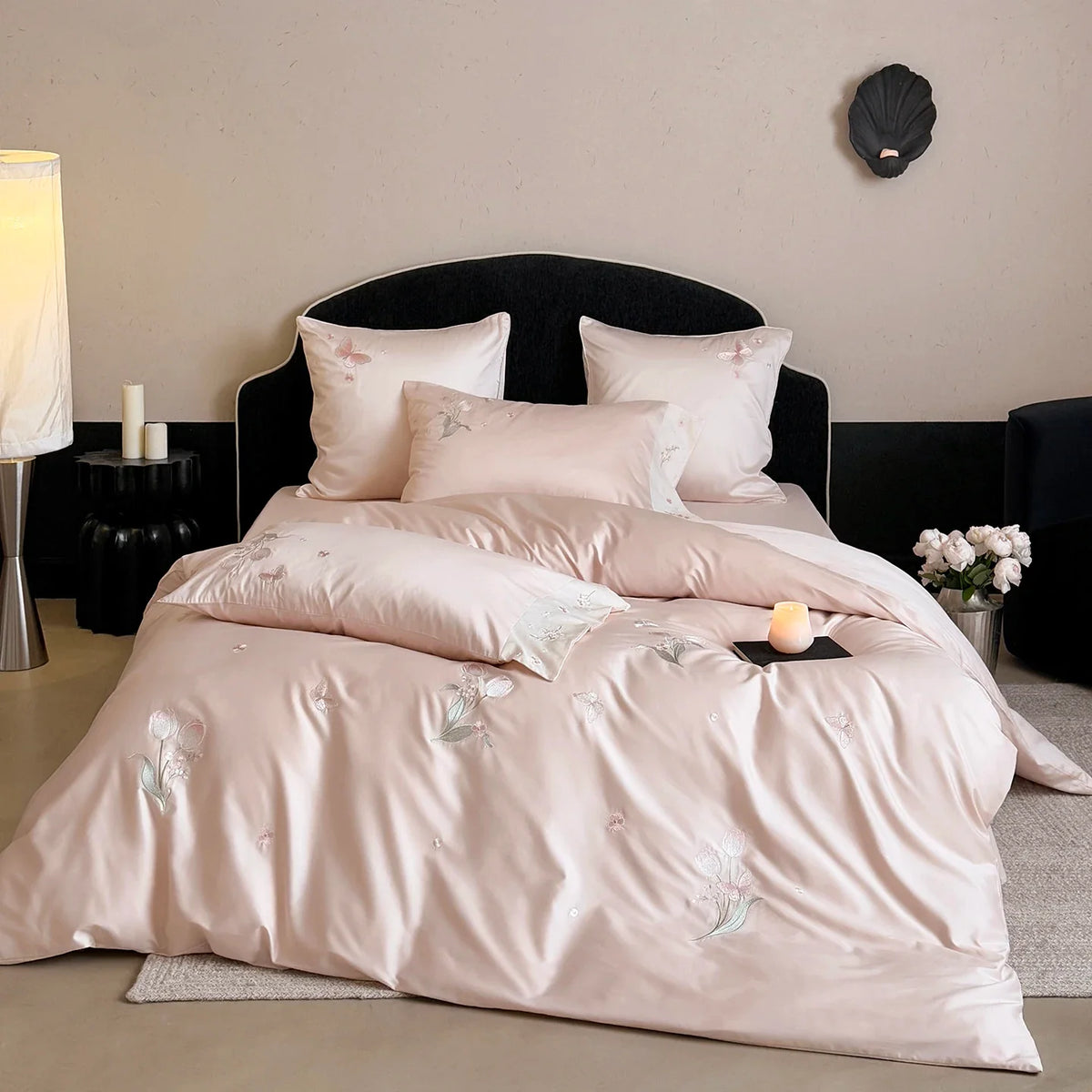 Pink Tulip Flowers Embroidery Luxury Bedding Set
