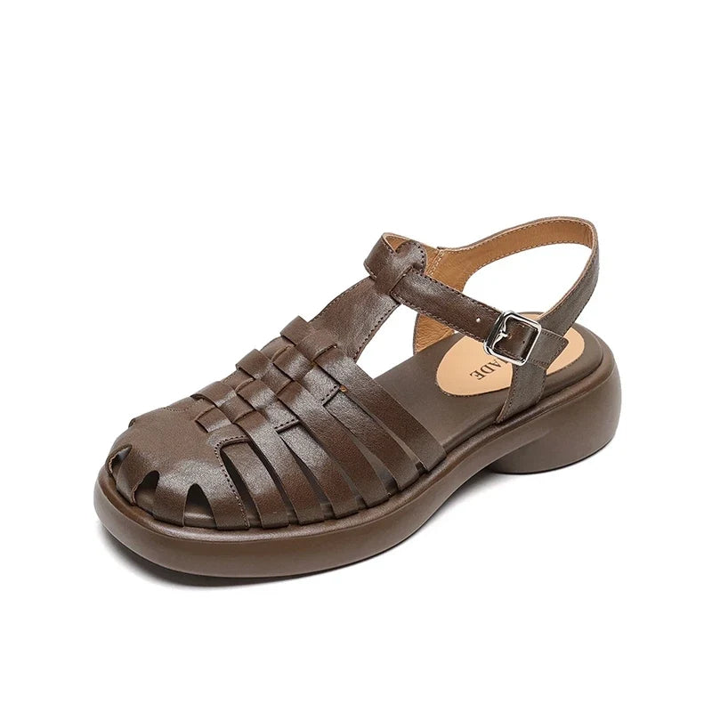 leather cowhide midsole elastic buckle thick sole hollow breathable toe Roman Shoes