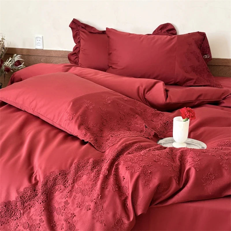 1000TC Egyptian Cotton Red Lace Embroidery Wedding Bedding Set