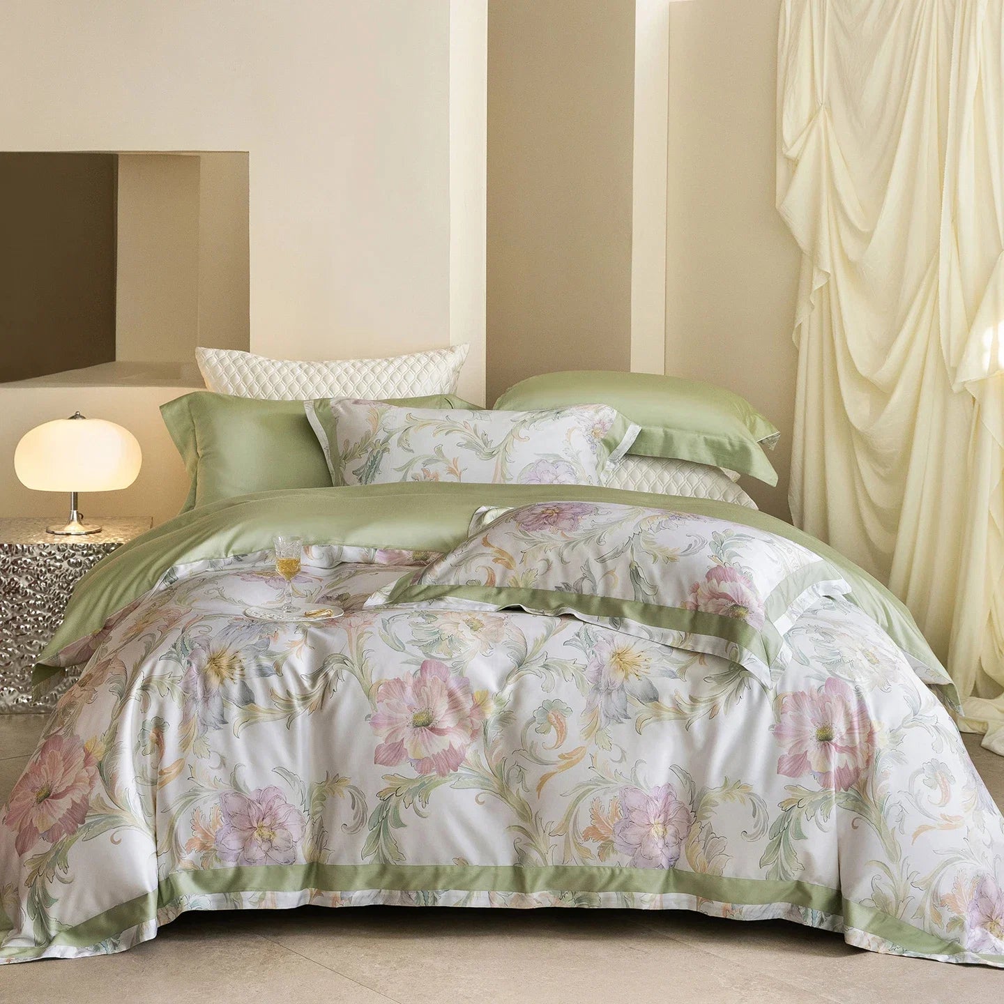 Luxury 600TC Lyocell Cotton Bedding Set, Floral Print Duvet Cover Set with Pillowcases, Soft Silky Bed Sheet/Fitted Sheet 4Pcs