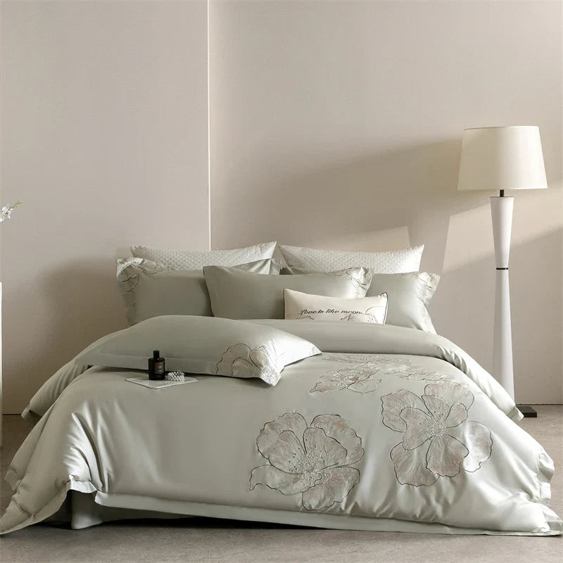 Pink Elegant Flowers Embroidery 100% Cotton Luxury Bedding Set