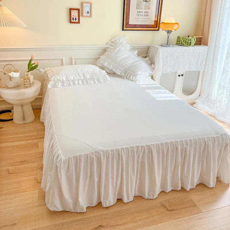 4Pcs White Korean Princess Style 100% Cotton Bedding Set