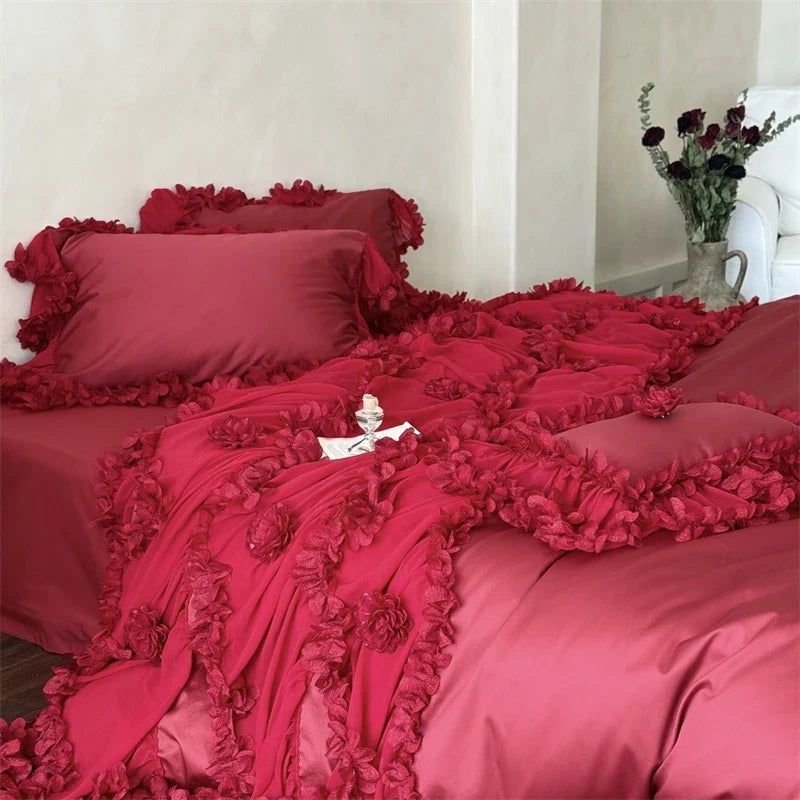 Romantic Lace Ruffles Flowers Princess Wedding Bedding Set