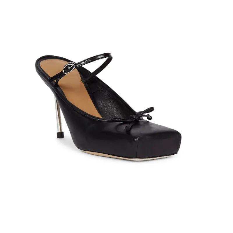 Ladies' cherry red square toe high-heeled bow