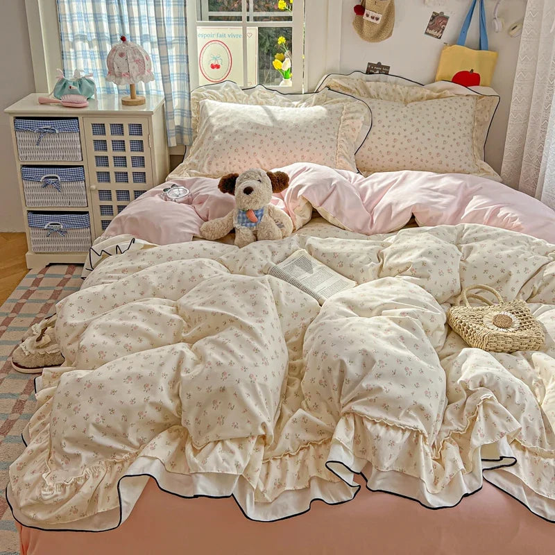 Princess Style Cartoon Floral Ruffles Bedding Set