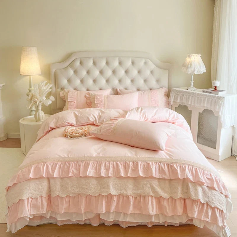 Pink Korean Princess Wedding 100% Cotton Bedding Set