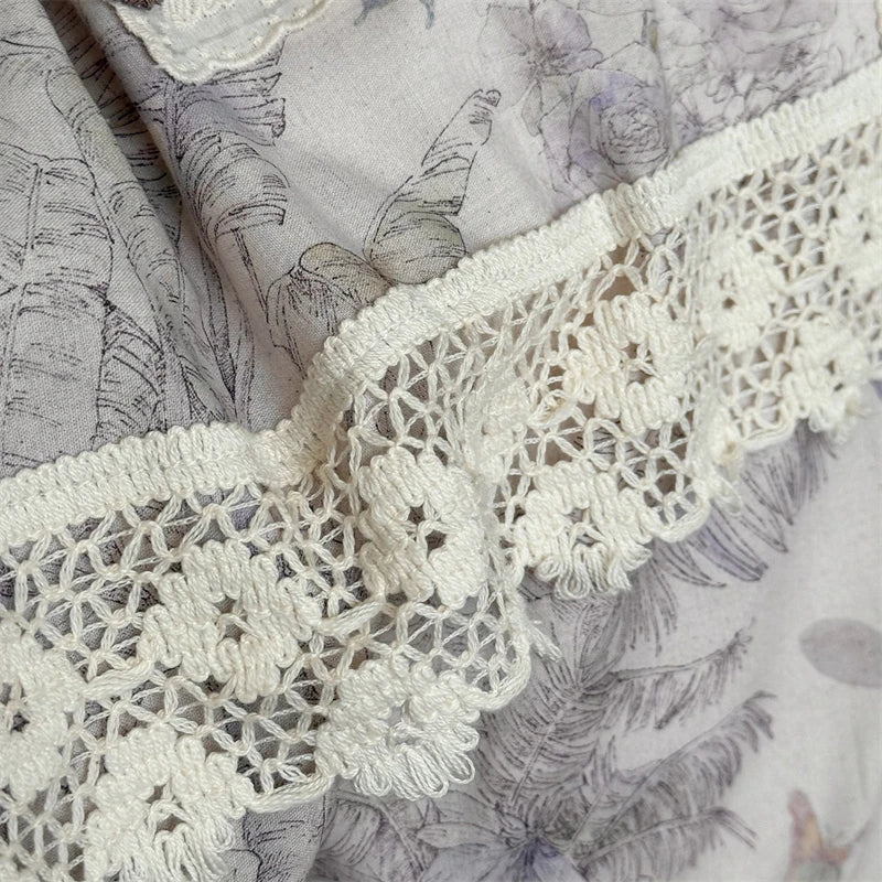 Natural Cotton Linen Butterfly Flowers Prints Lace Bedding Set