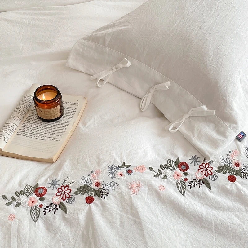 Vintage Floral Embroidered Lace-Up White Bedding Set