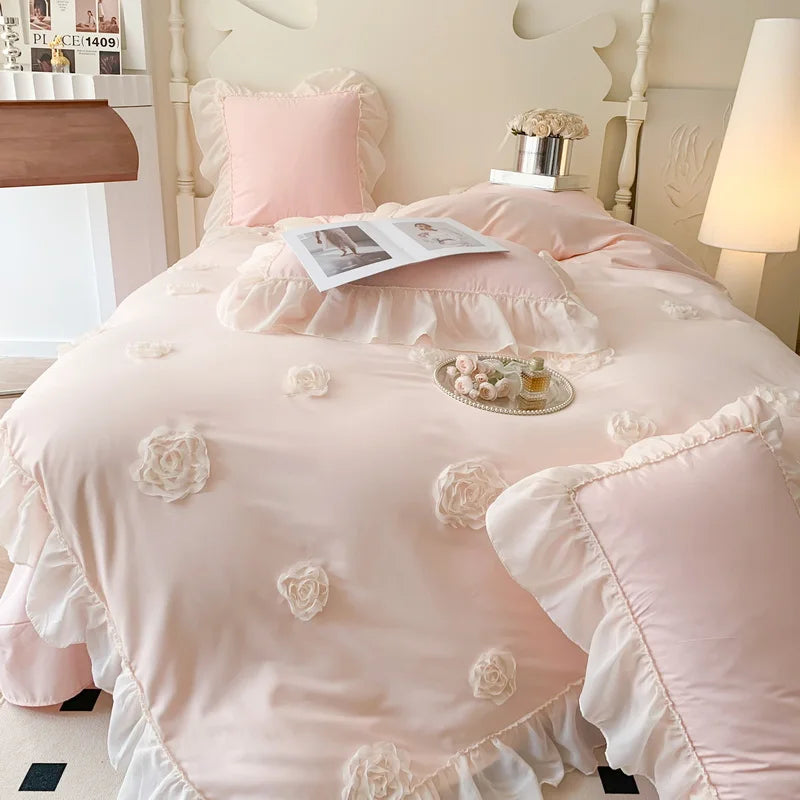 4Pcs French Princess Style Three-Dimensional Rose Flowers White Ruffle 2-Person Cotton Bed Linen Four-Season Pink Bedding Set