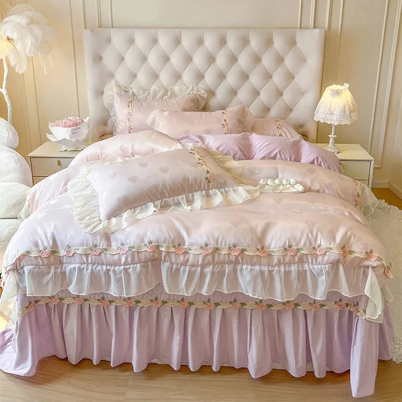 4Pcs Pure Cotton French Flowers Lace Ruffles Princess Wedding Bedding Set
