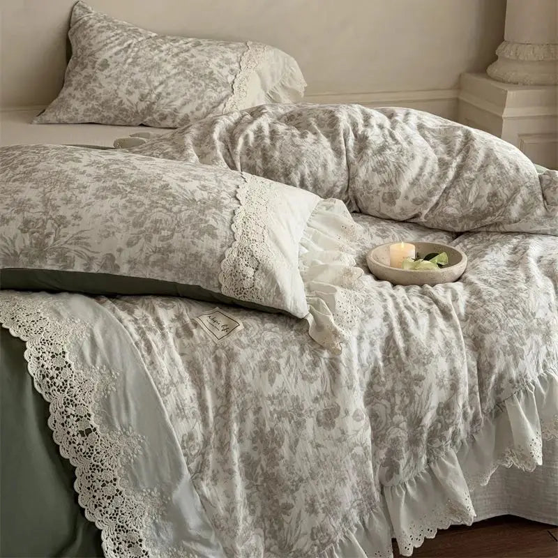 Vintage French Floral Lace Ruffles Bedding Set