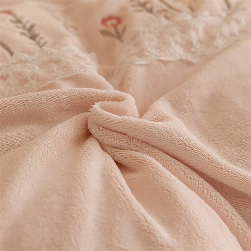 Pink Flowers Embroidery Lace Ruffles Velvet Luxury Bedding Set