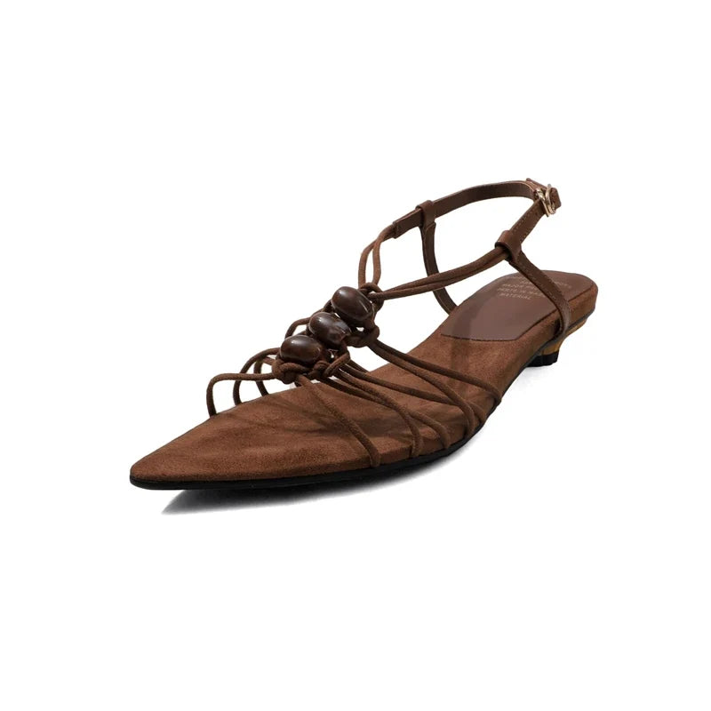 leather cowhide bead weaving hollow breathable elastic buckle mid Heel