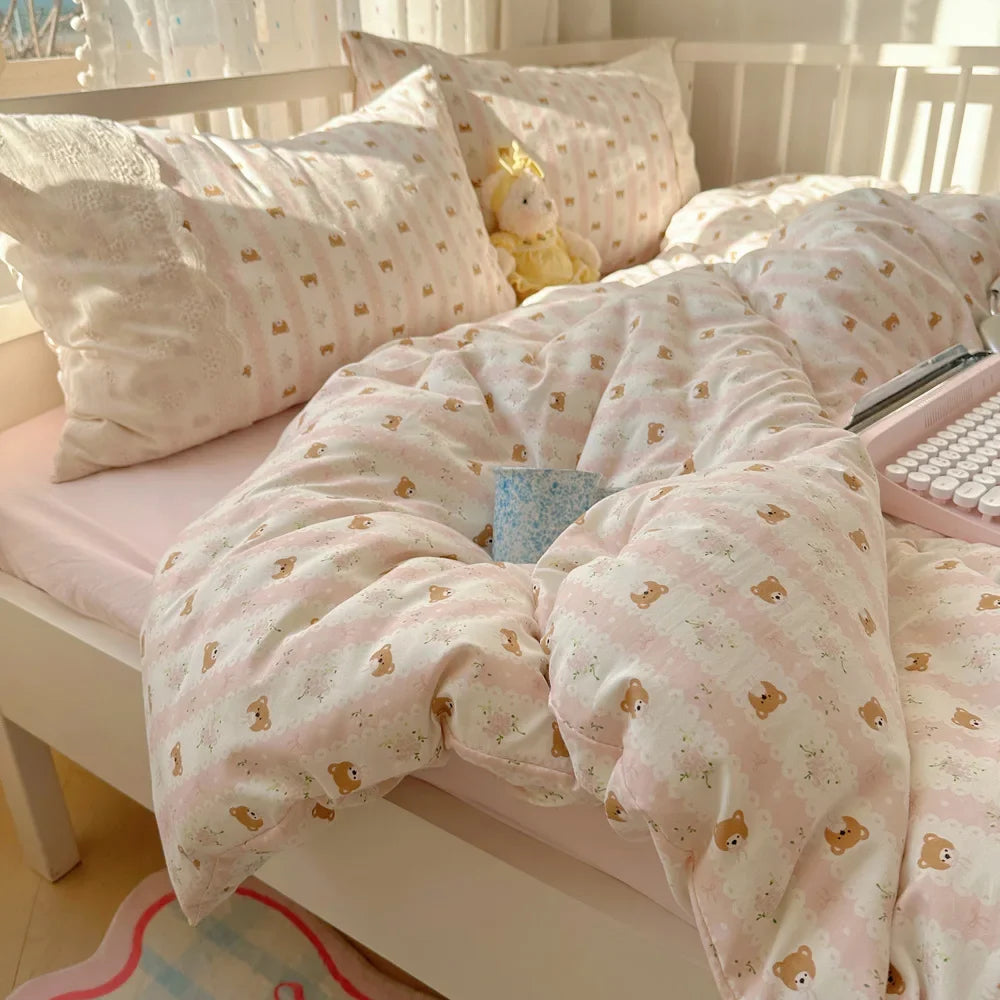 French Style Lace Trim Washed Cotton 4 Piece Bedding Set