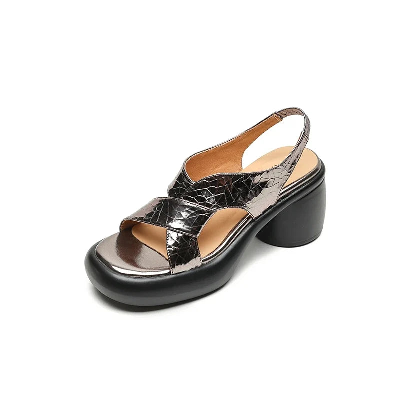 leather cowhide round toe thick sole loose grip high Heels