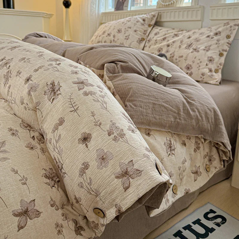 Korean Button Style Floral Print Bedding Set