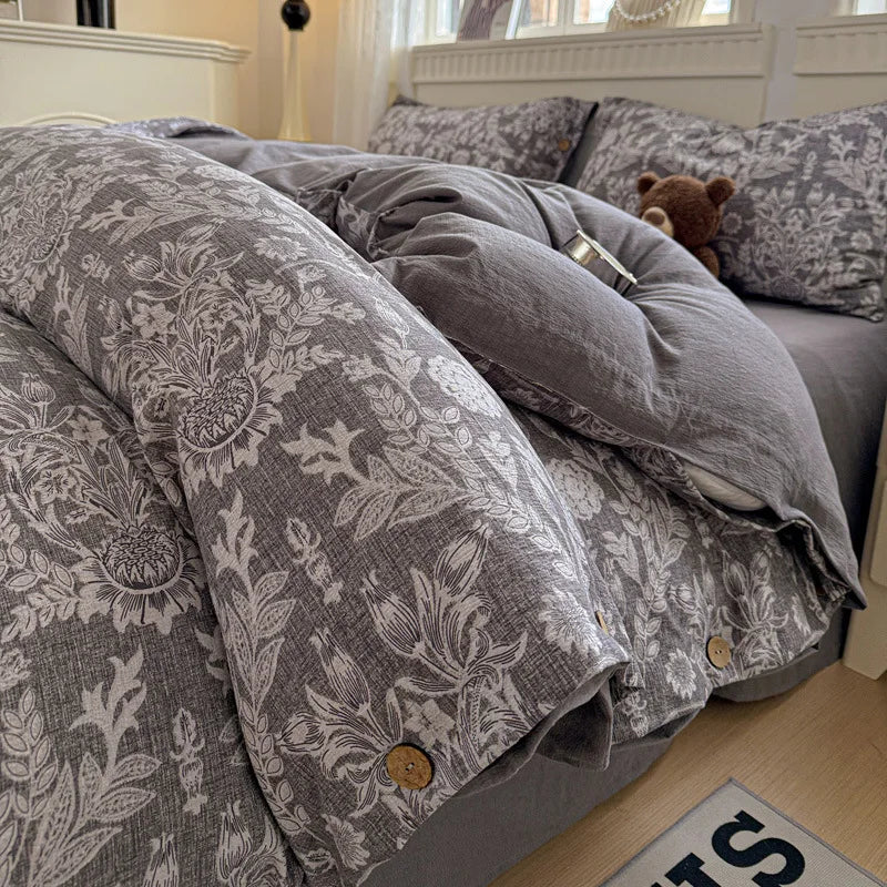 Korean Button Style Floral Print Bedding Set