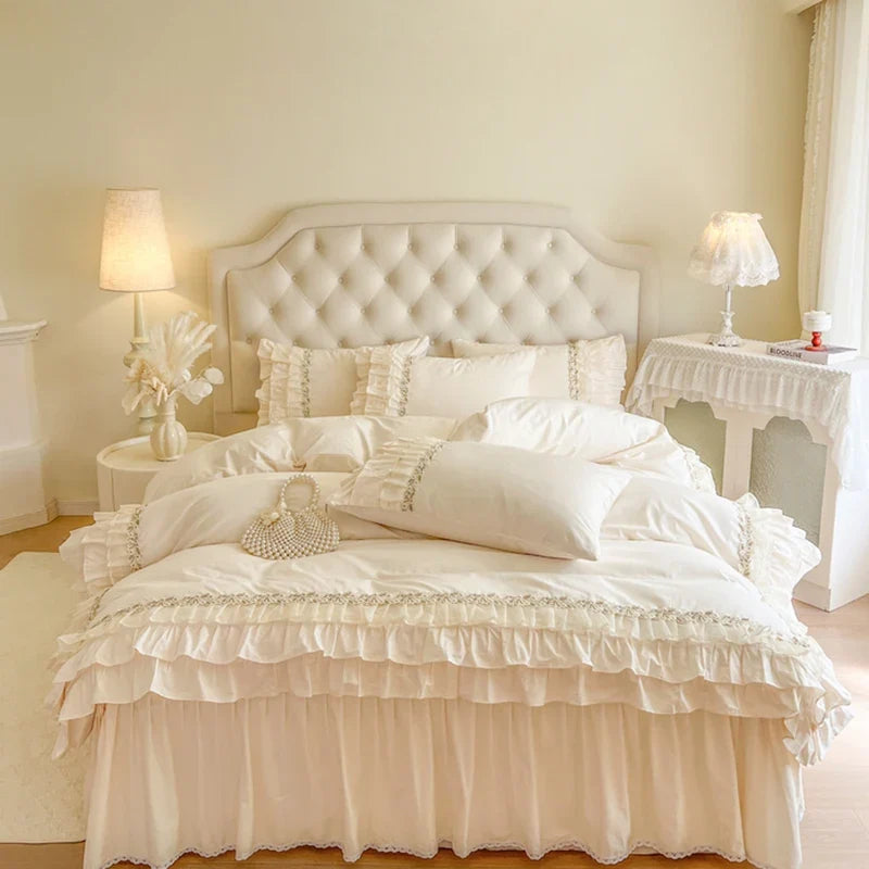 Vintage French Hollow Lace Ruffles 100% Cotton Princess Wedding Bedding Set