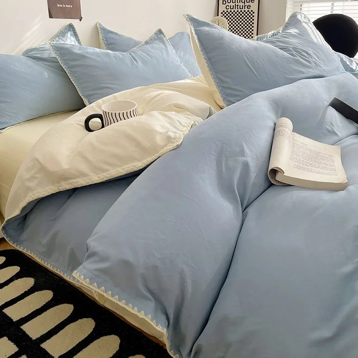 3 Pcs Simple Solid Color Quilt Cover Set with Pillowcases Stitching Design King Queen Size Bedding Set