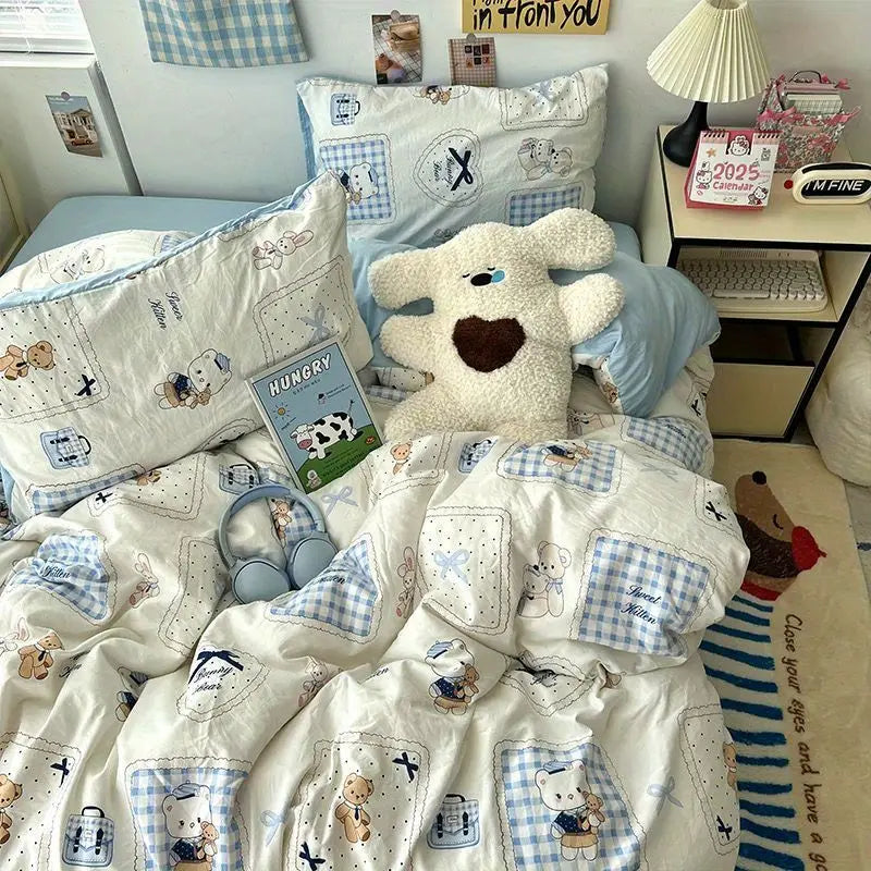 Boys Girls Duvet Cover Set with Zipper Ins Cute Cartoon Bed Flat Sheet Pillowcases No Filler Twin Queen Size Fashion Bedding Set