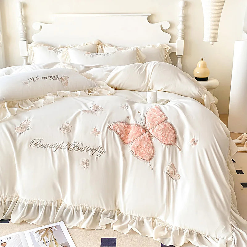 3/4Pcs Korean Princess Style Washed Cotton Three-Dimensional Embroidered Butterfly Queen Size Bedding Set