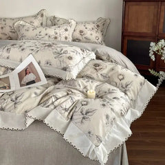 Vintage Floral Print Lace Luxury Bedding Set