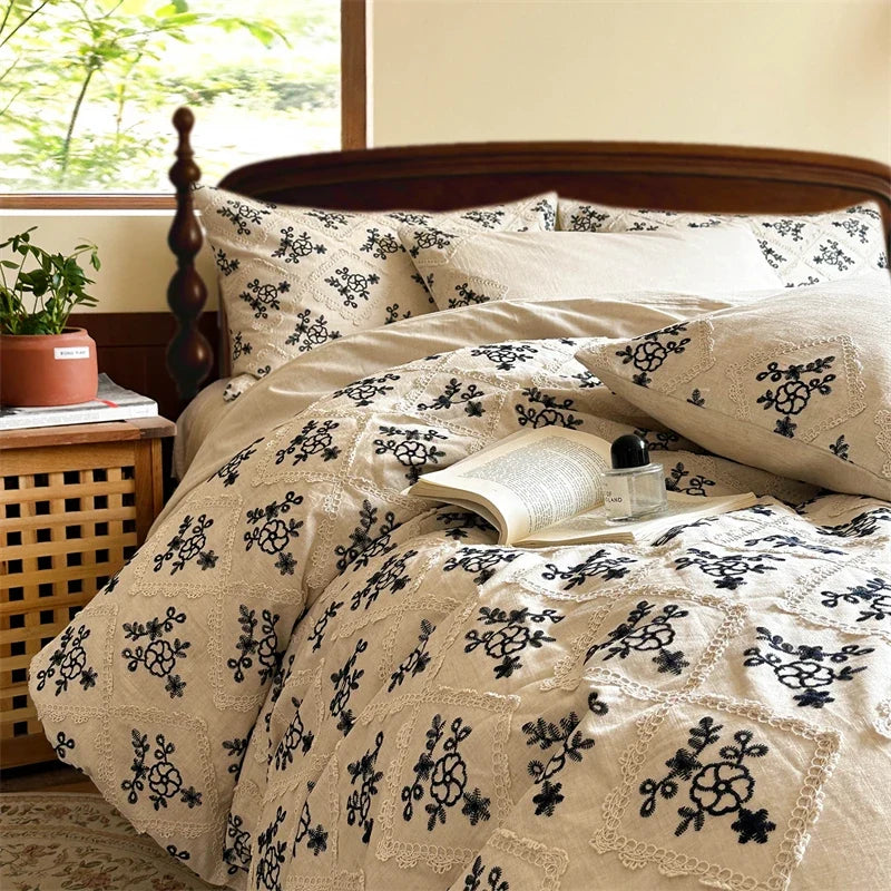 Bohemian Cotton Linen Bedding Set, Ethnic Floral Embroidery, Vintage Farmhouse Duvet Cover Flat/Fitted Bed Sheet Pillowcase 4Pcs