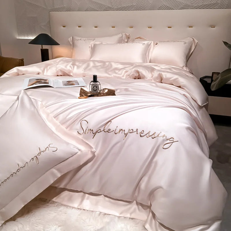 Class A 100% Lyocell Four Piece Set Ice Cold Feeling Silk Duvet Cover Smooth Bedding for Bedroom