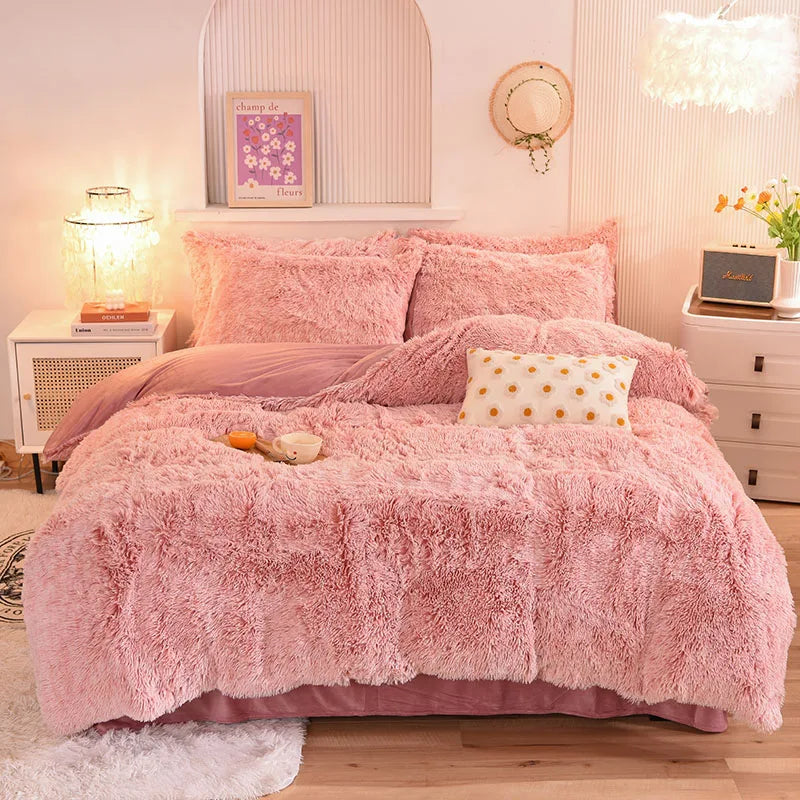 3Pcs Super Shaggy Coral Fleece Warm Cozy Princess Bedding Set