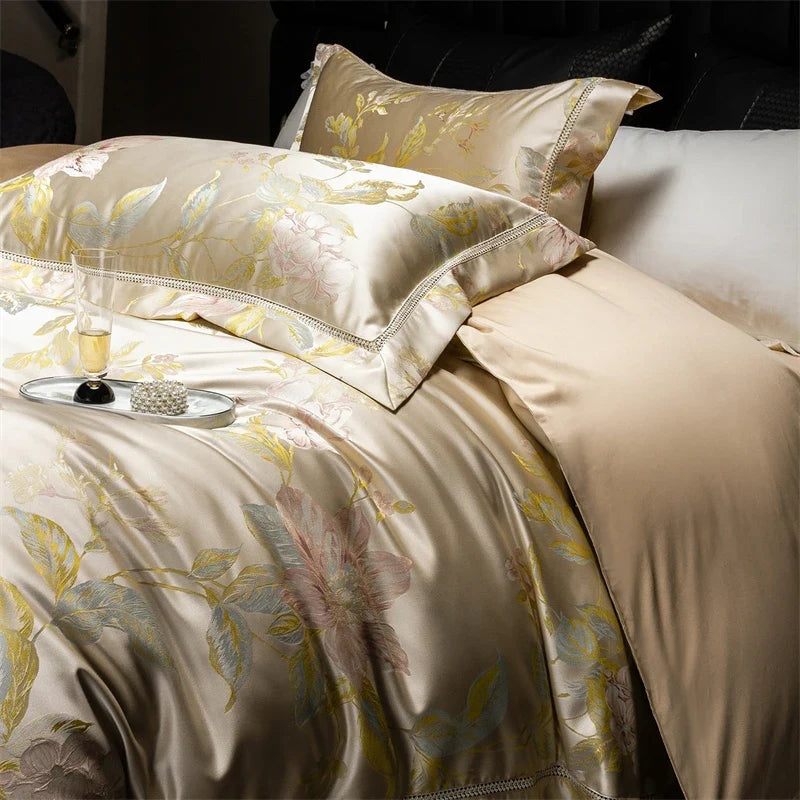 Premium 100S Egyptian Cotton Floral Jacquard Luxury Bedding Ultra Soft Duvet Cover Set Flat/Fitted Bed Sheet Pillowcases 4Pcs