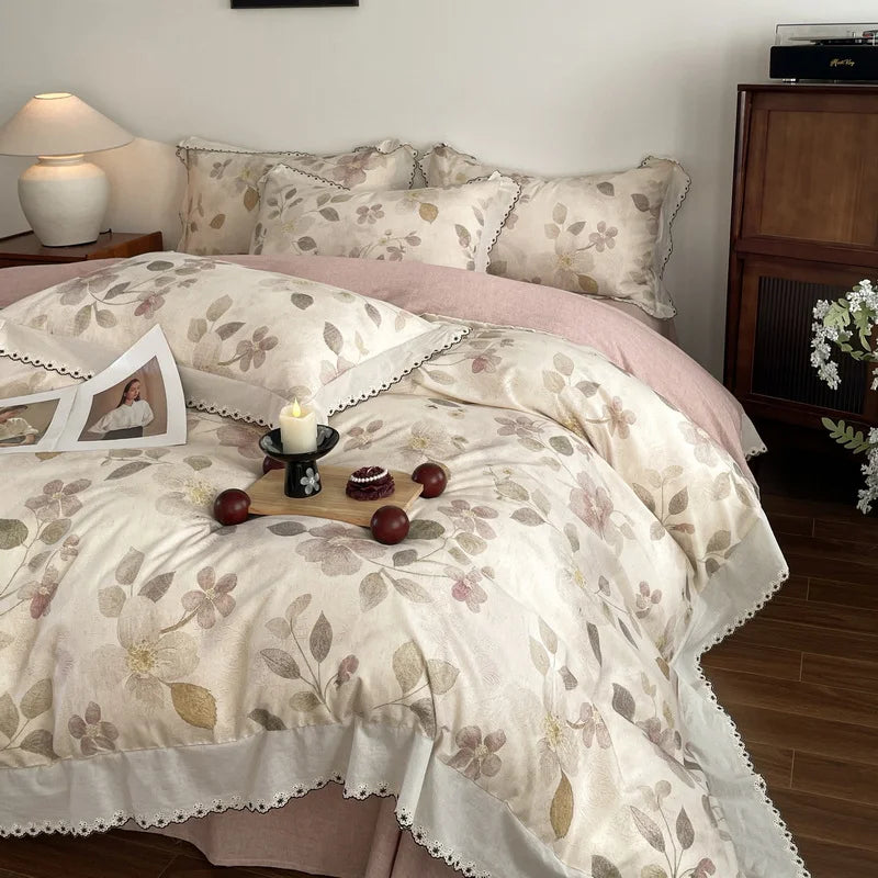 Vintage Floral Print Lace Luxury Bedding Set