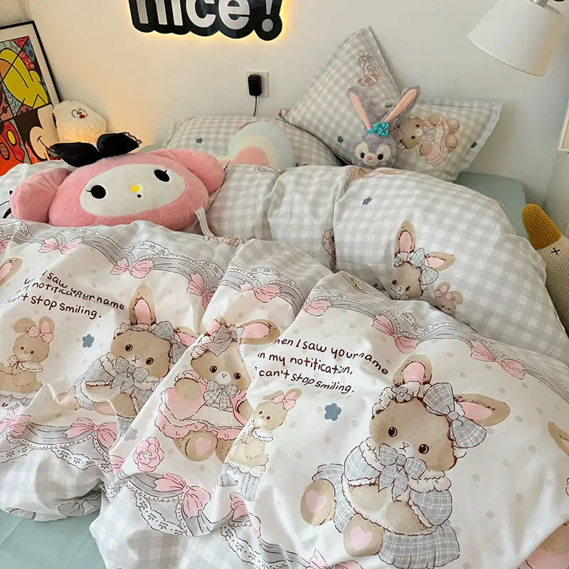 Kawaii Duvet Cover Set Ins Style Soft Touch Double Queen Size Flat Sheet Pillowcase Home Hotel Decor Bedding Set