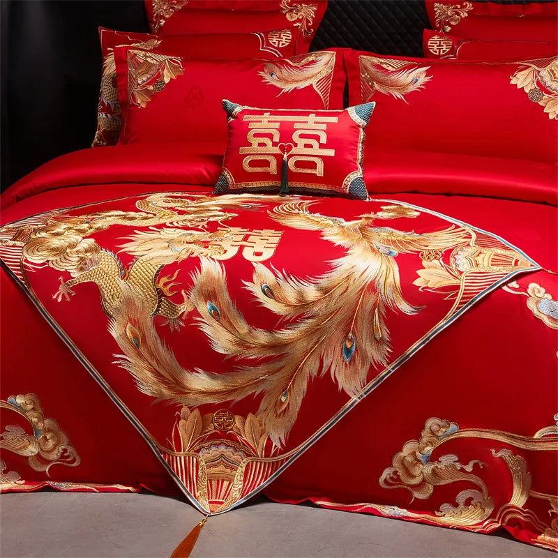 Chinese Style Wedding Dragon Phoenix Embroidery Egyptian Cotton Bedding Set