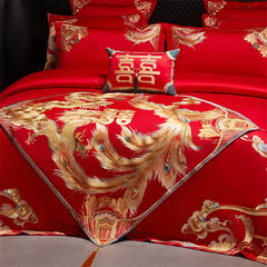 Chinese Style Wedding Dragon Phoenix Embroidery Egyptian Cotton Bedding Set