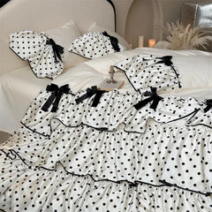 Three-layer Polka Dot Ruffles Bow Bedding Set